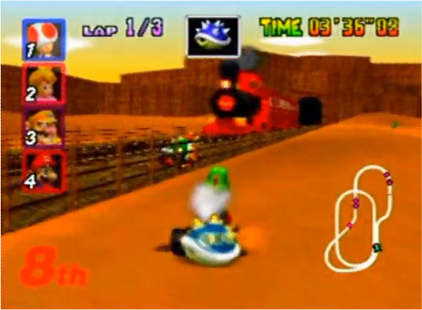 This picture provides fuzzy evidence of an early appearance of the Blue Shell.